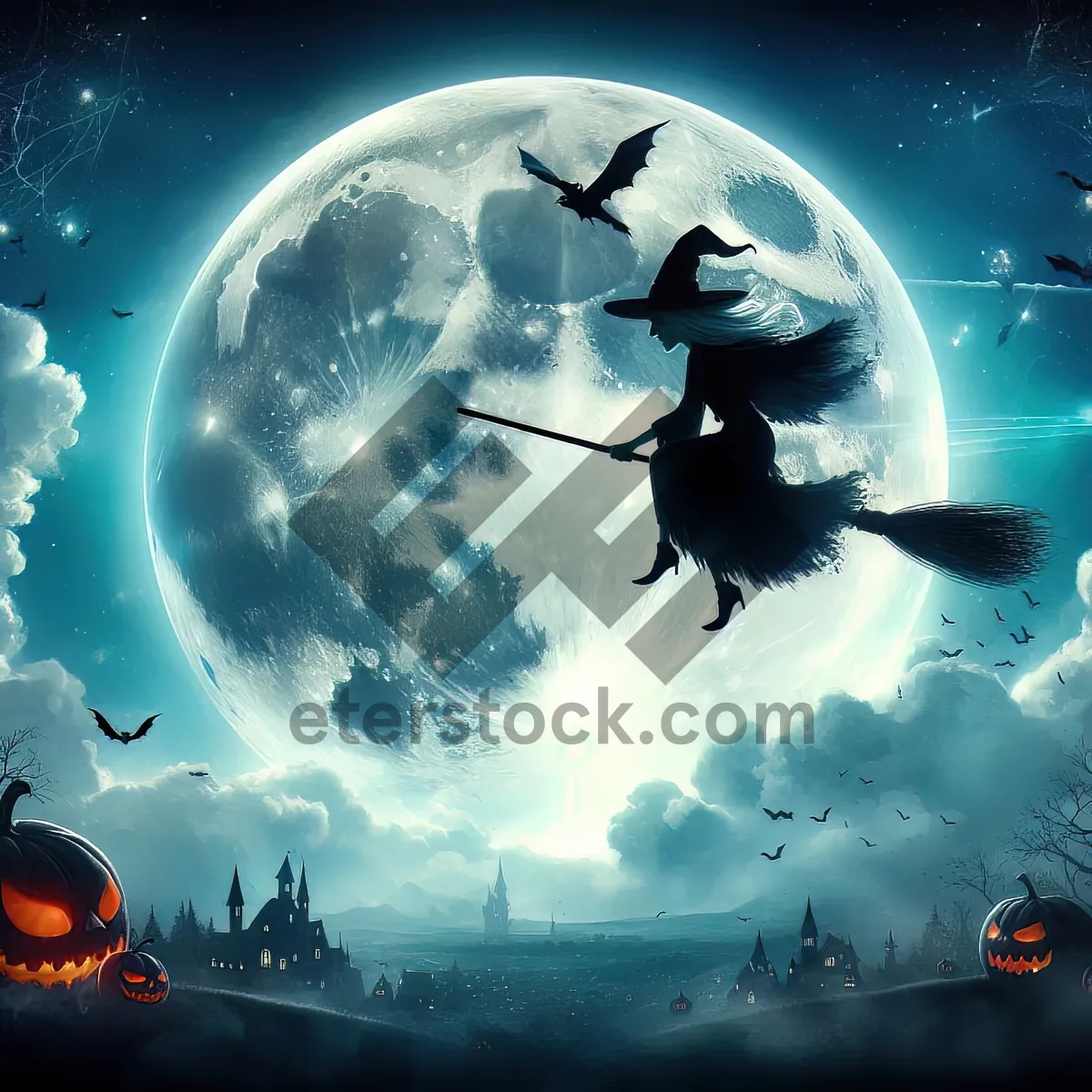 Picture of A witch flying on a broomstick against a huge full moon. AI, Generation, Illustration