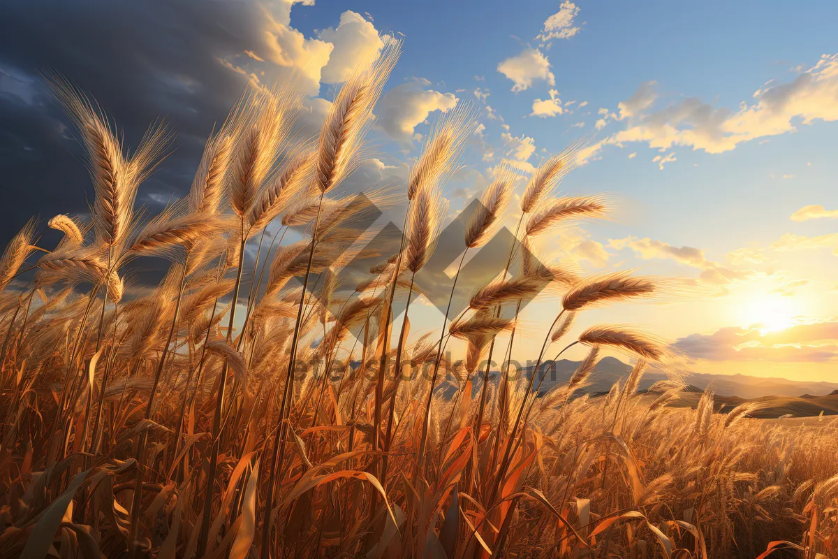 Picture of Golden Wheat Field under Sunny Sky in Summer Climate