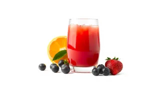 Fresh Fruit Juice in Glass Cup with Label.