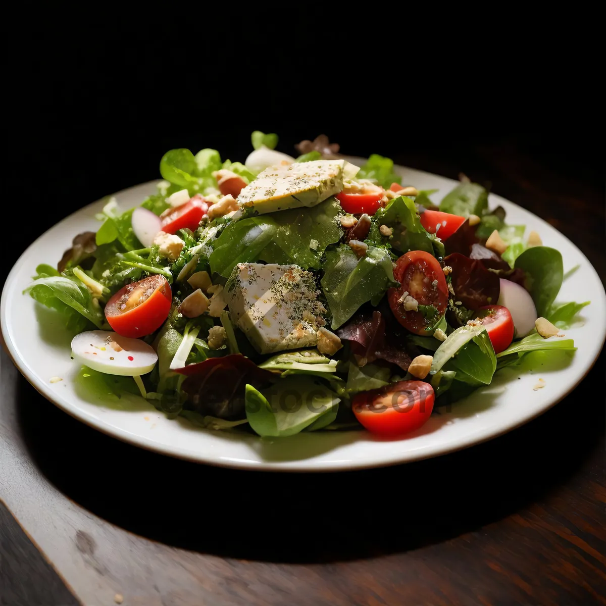 Picture of Gourmet salad with fresh vegetables and cheese.