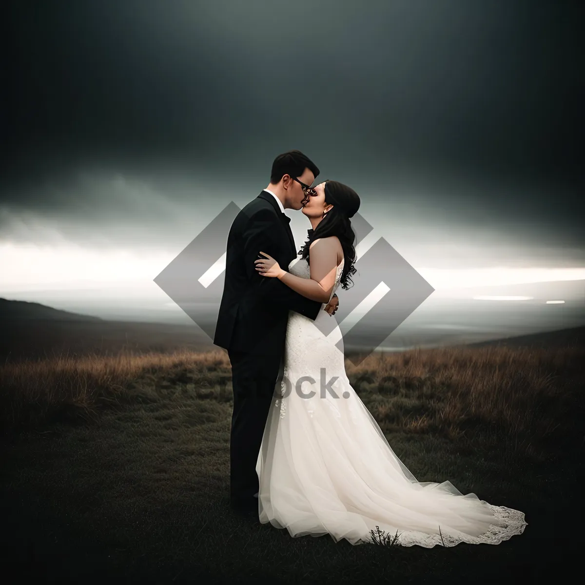 Picture of Happy Wedding Couple Embracing in Floral Outdoors