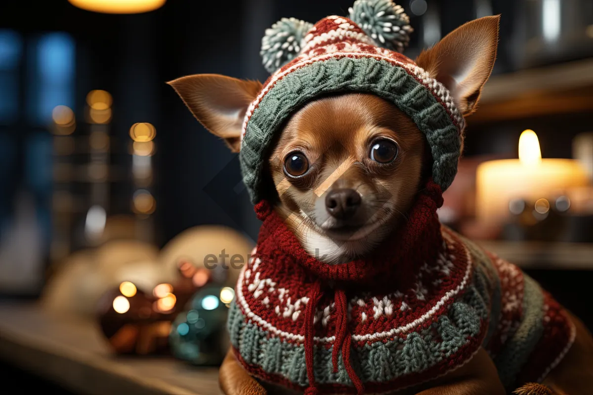 Picture of Chihuahua doll wearing cute hat as plaything.