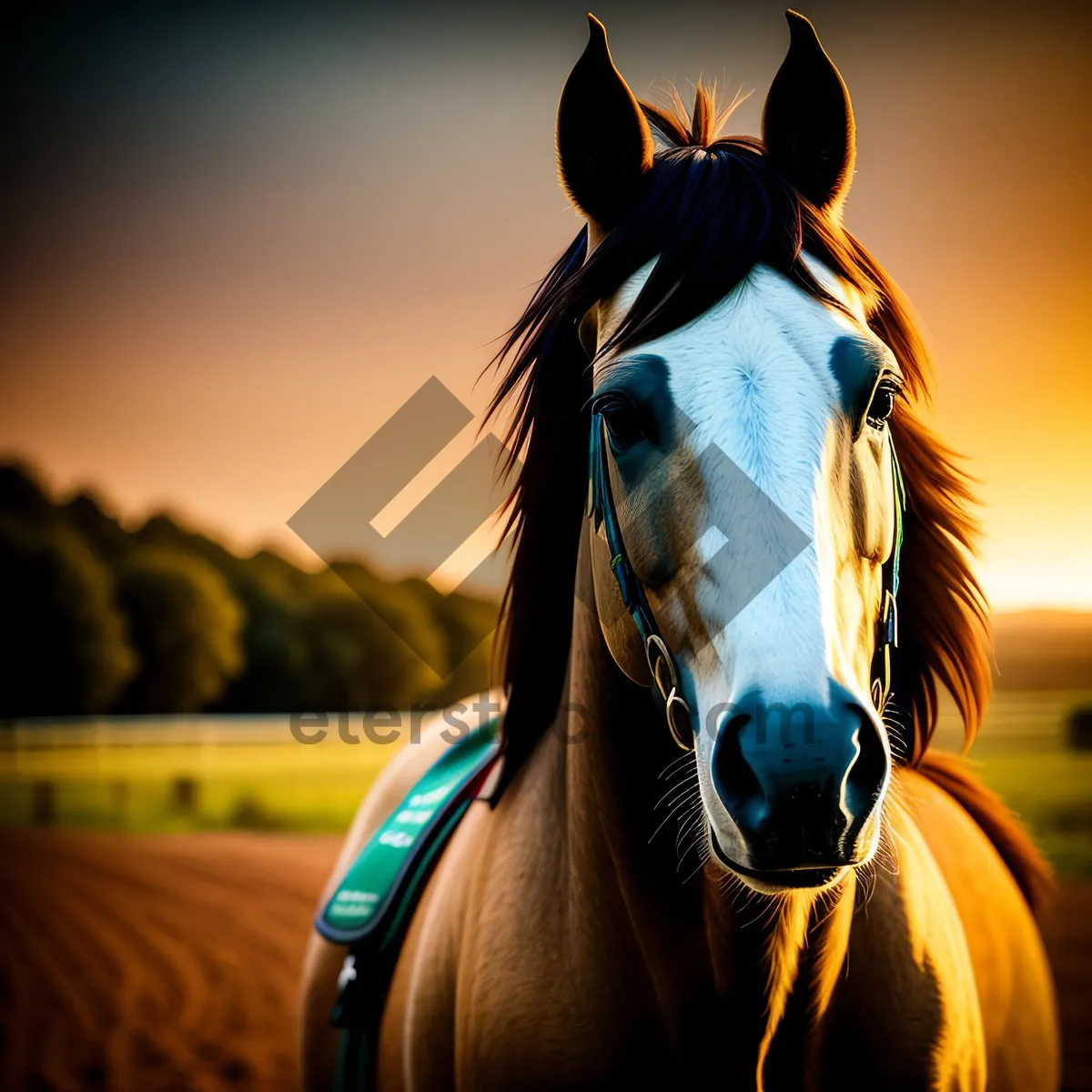 Picture of Stunning Brown Stallion Grazing in Meadow