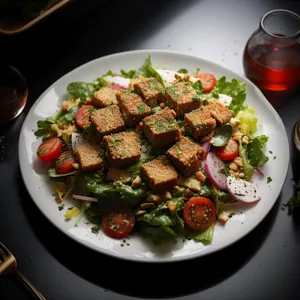 Fresh vegetable salad with grilled meat and sauce