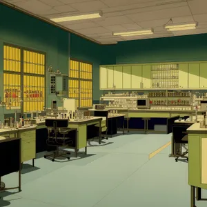 Modern classroom interior with tables and chairs.