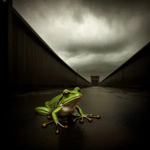 Mantis Frog basking under vibrant sunset sky