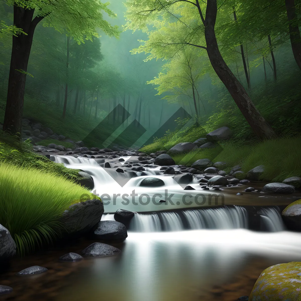 Picture of Serene River Flow amidst Lush Forest Landscape
