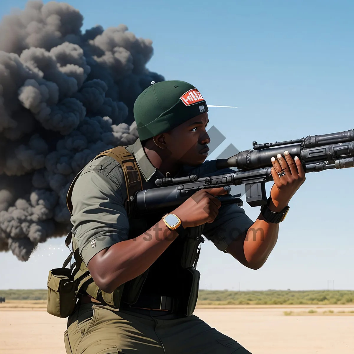 Picture of Soldier in Camouflage with Rifle Taking Aim