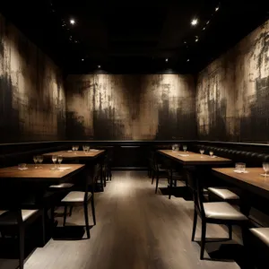 Modern restaurant interior design with wooden furniture and glass.