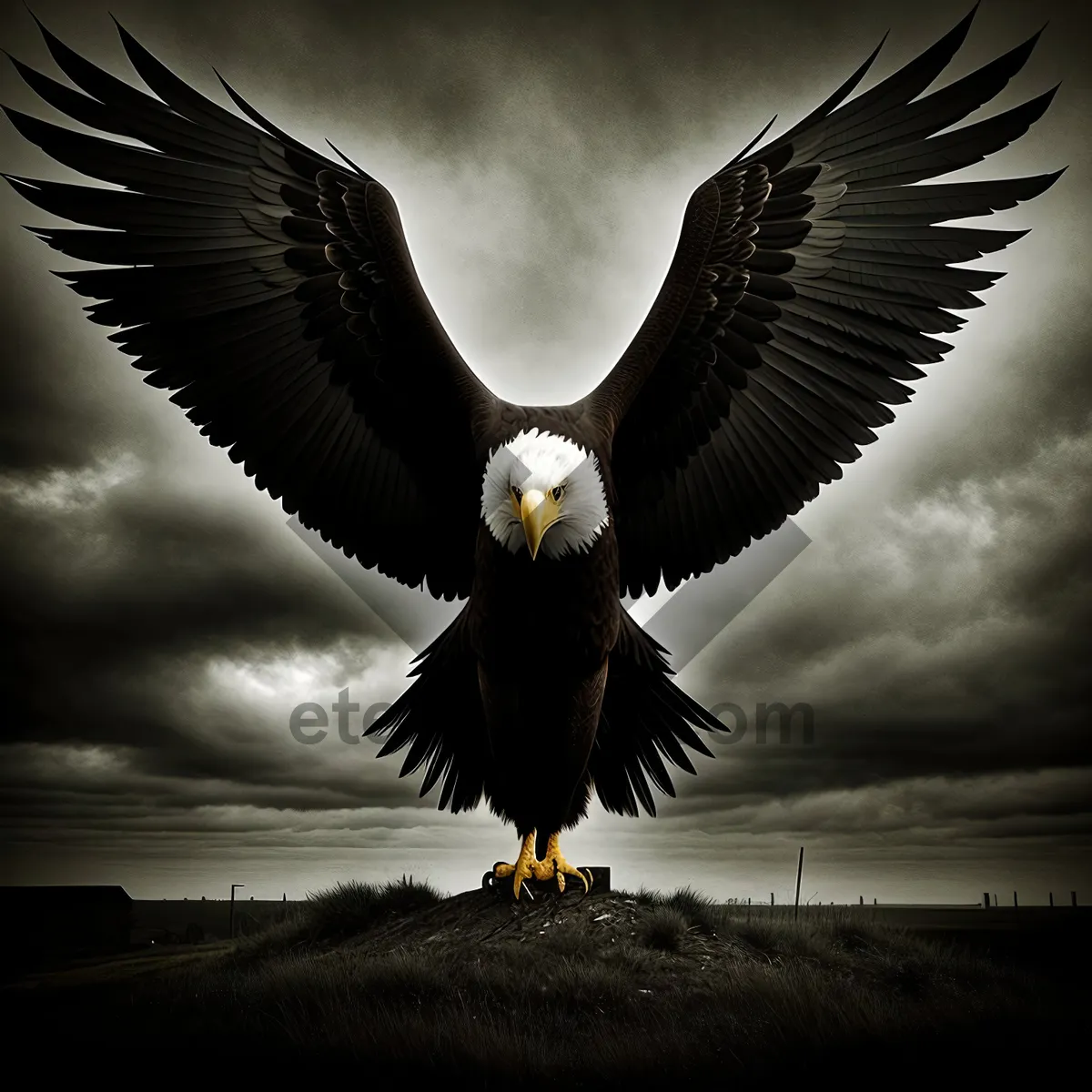 Picture of Bald Eagle in Flight: Majestic Hunter Soaring Across the Sky