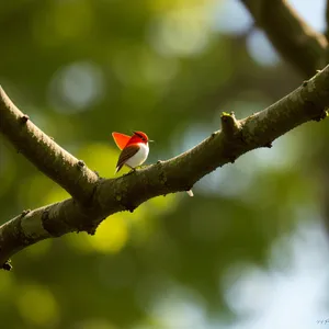 Tropical bird perched on a vibrant branch.