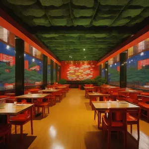 Modern restaurant interior design with wooden chairs and tables