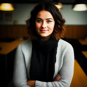 Smiling brunette businesswoman in fashionable sweater portrait.