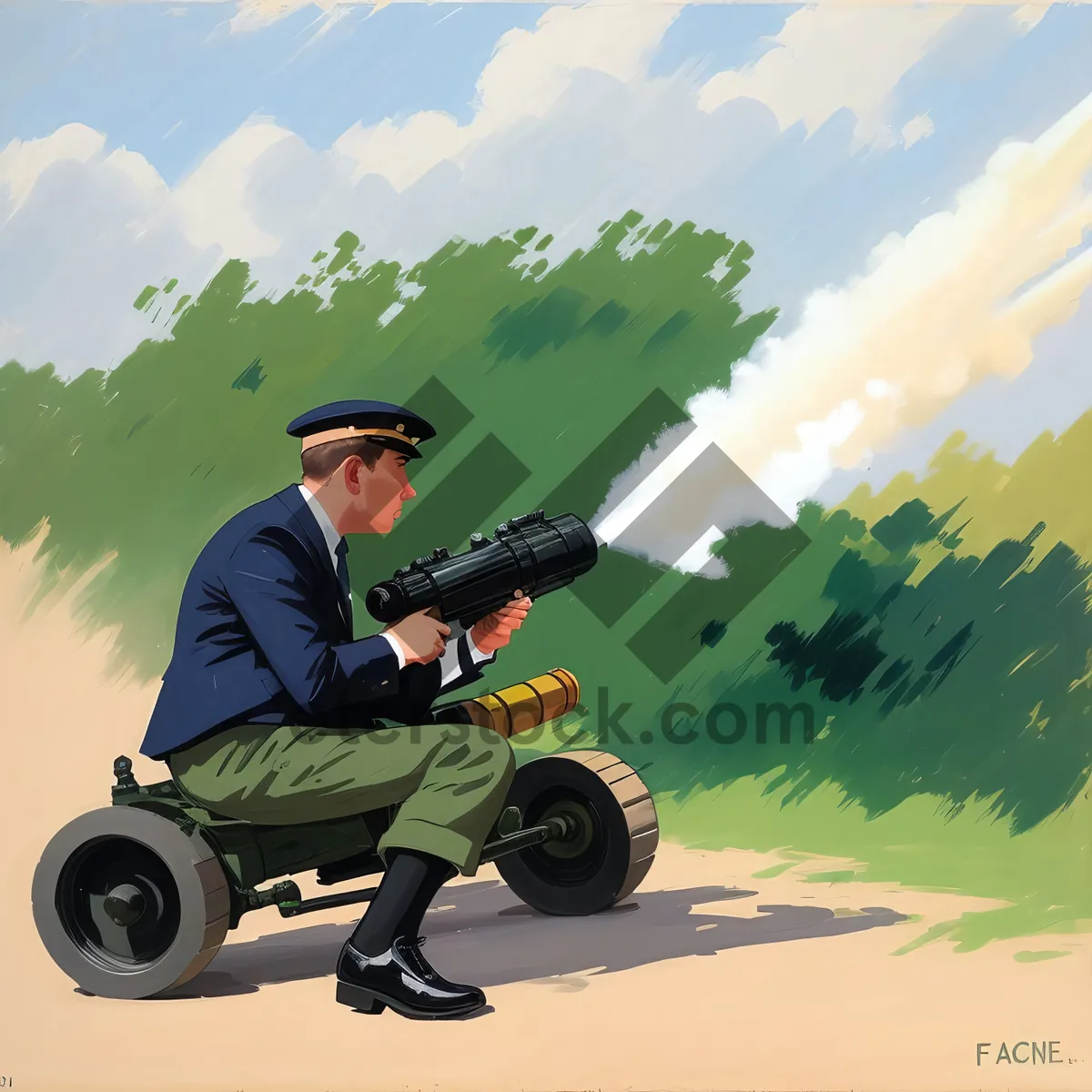 Picture of Outdoor Man Operating High-Angle Artillery Cannon