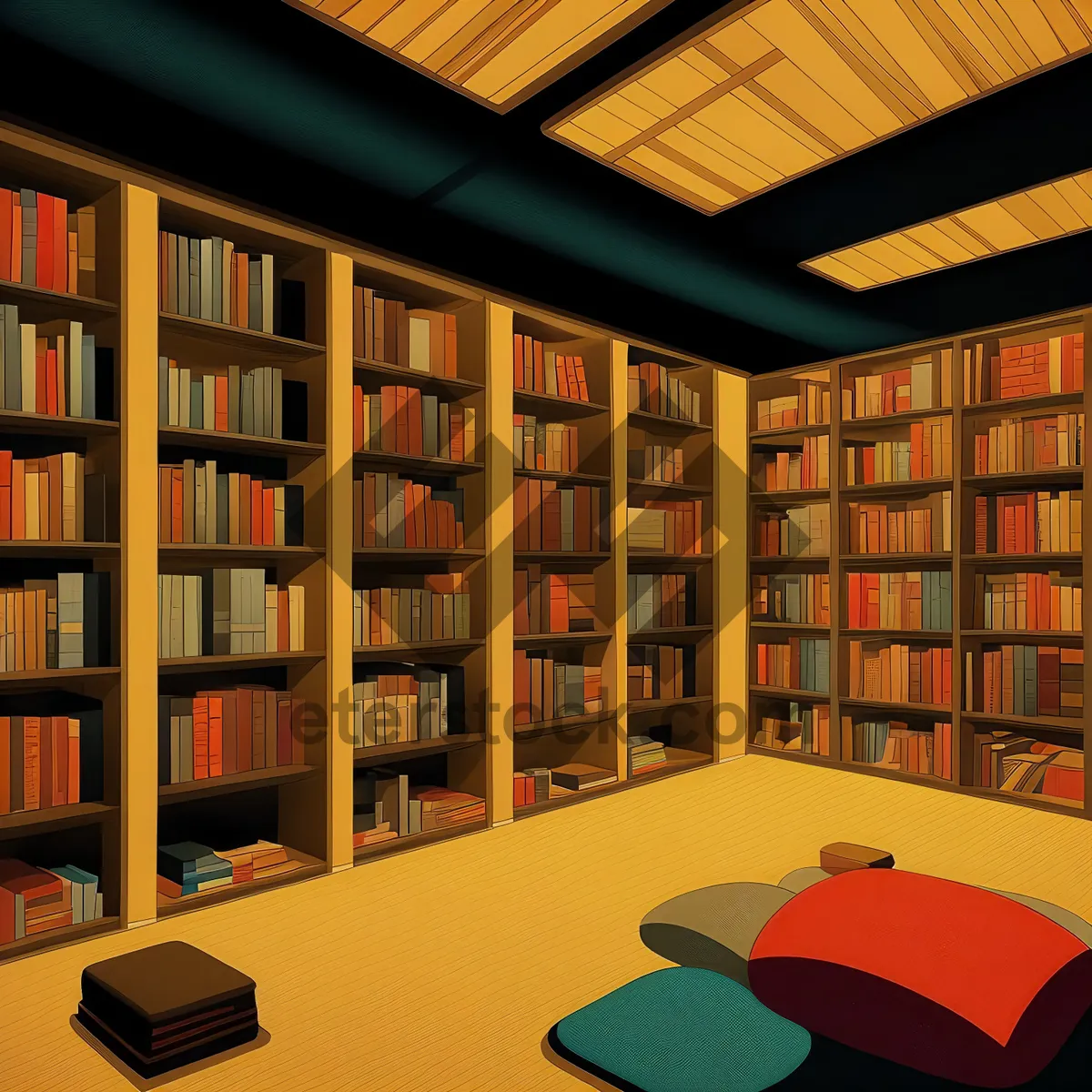 Picture of Modern library interior with bookshelves and table.