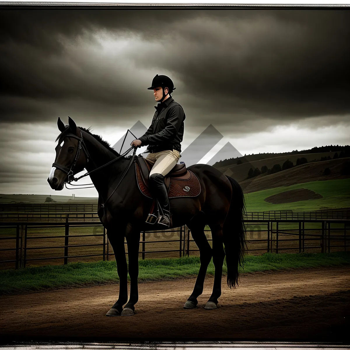 Picture of Brown Thoroughbred Horse on Rural Farm