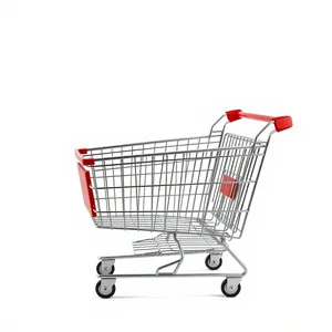 3D shopping cart with metal wheels in empty store.