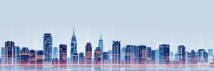 Modern city skyline at night with tall buildings