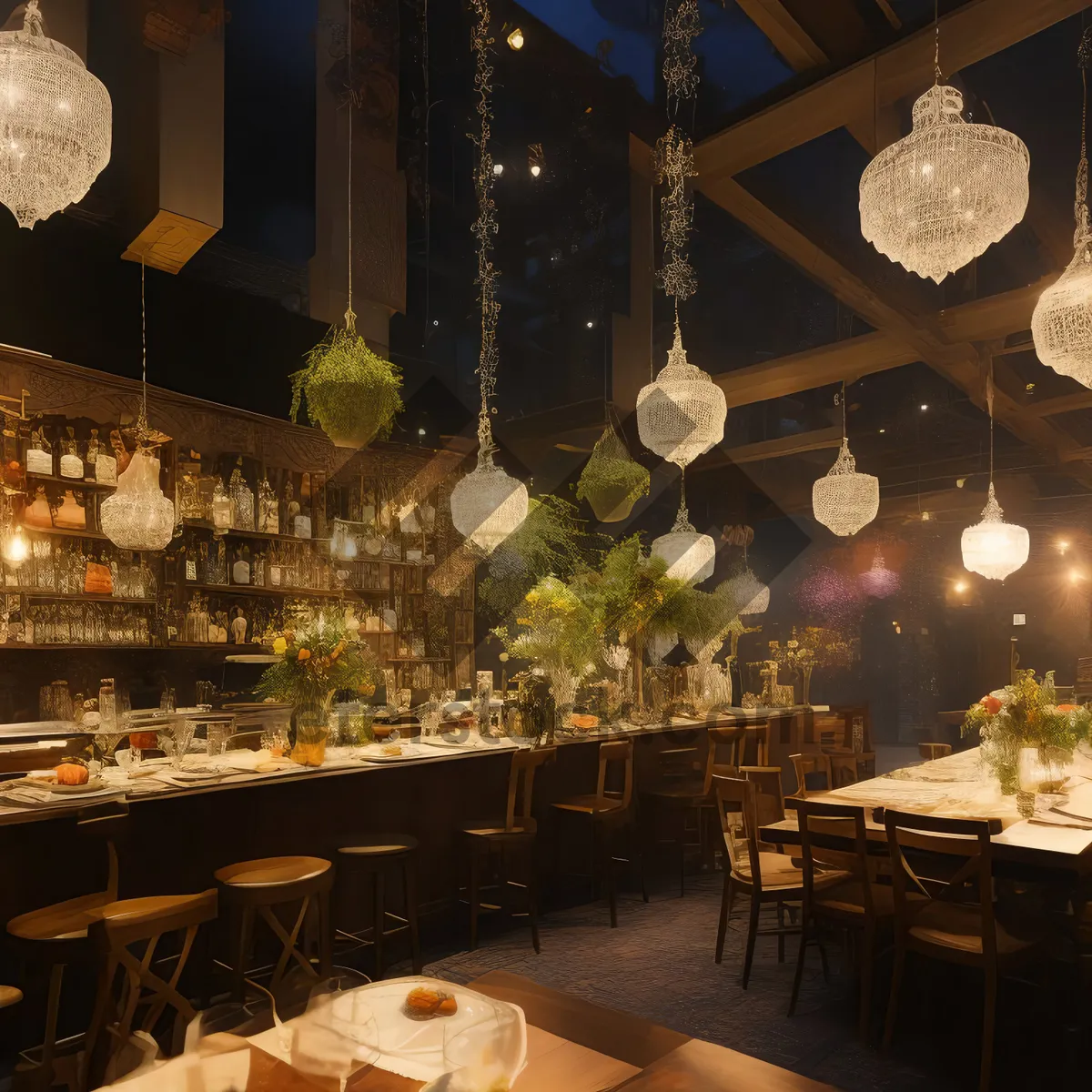 Picture of Modern Dining Interior Design with Wooden Chairs and Chandelier