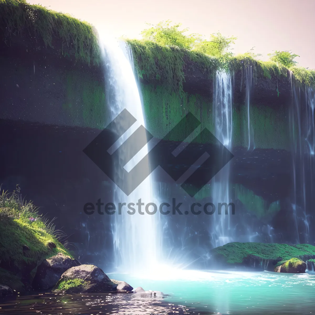 Picture of Tranquil cascading river in lush forest landscape