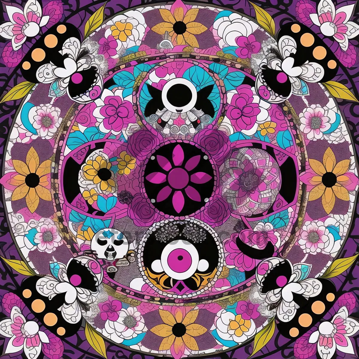 Picture of Colorful floral kaleidoscope ornament pattern design.