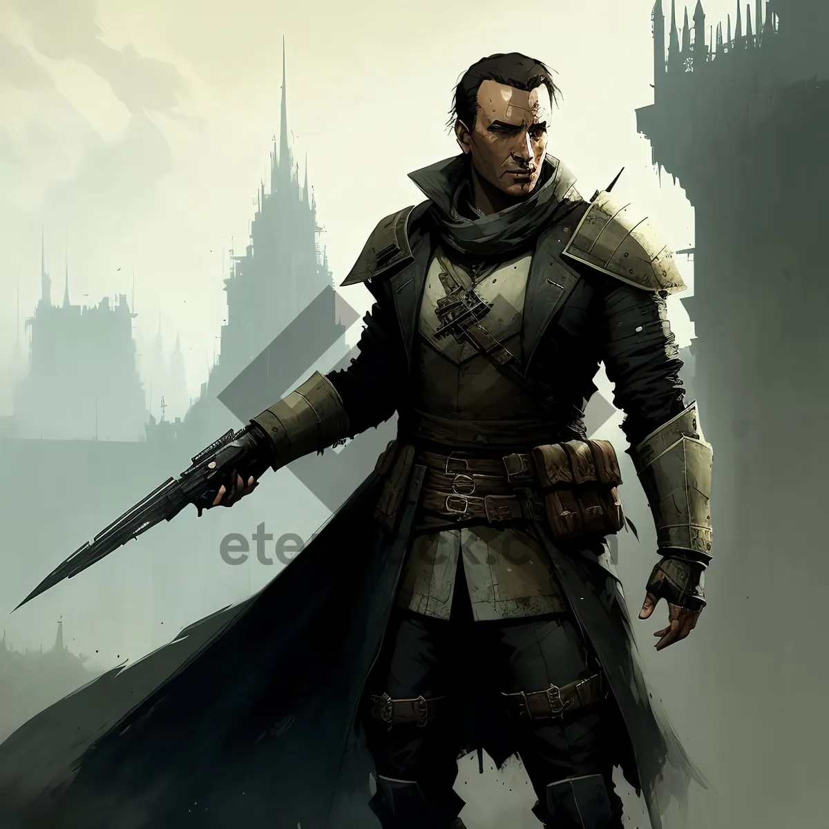 Picture of Strong warrior in protective armor with halberd uniform portrait.