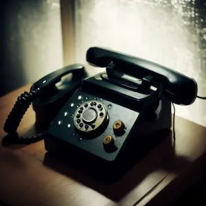 Vintage black rotary dial telephone for office communication.