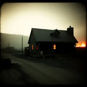 Rustic Farmhouse at Sunset with Barn and Garage