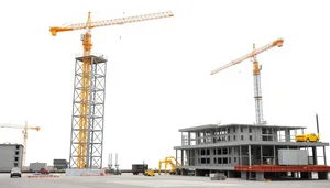 Industrial construction crane on urban skyline towering high.