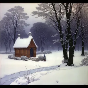 Winter Wonderland: Snowy Forest Landscape with Frozen House