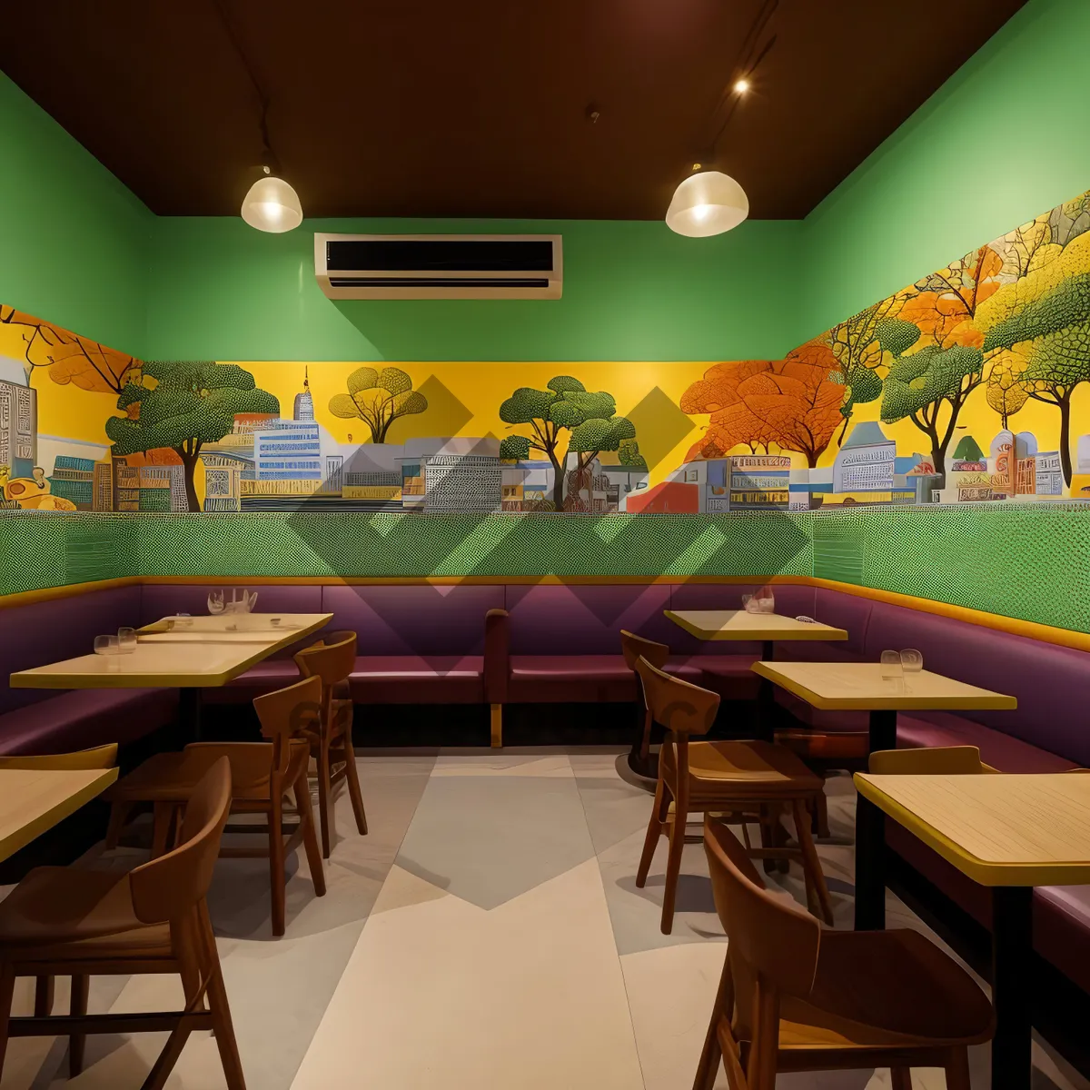 Picture of Modern restaurant interior with luxury wood furniture.