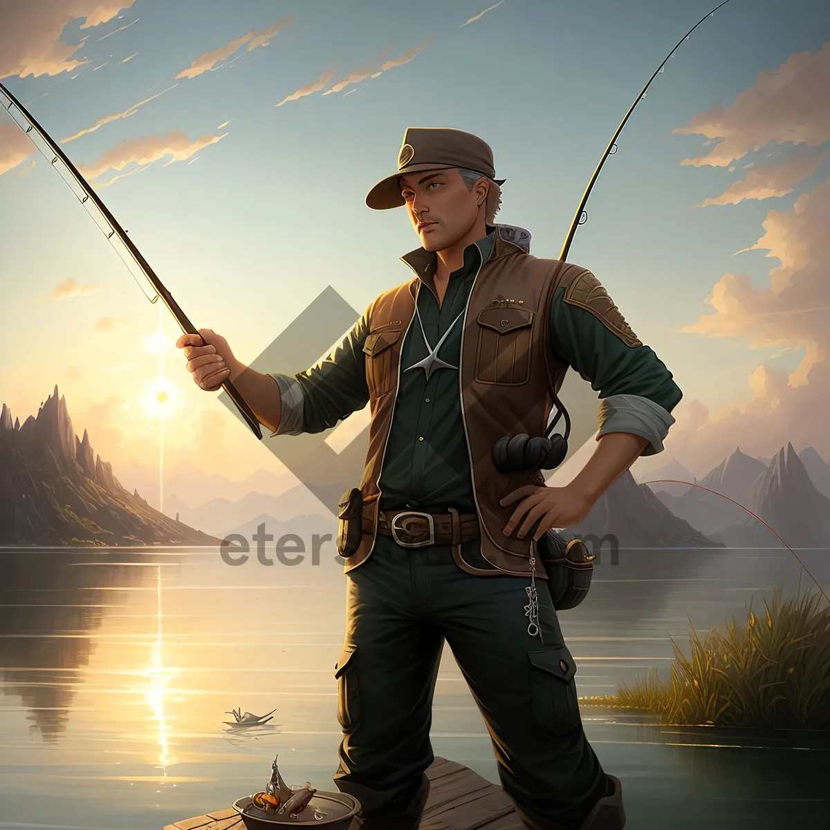 Picture of Sporty Fisherman Reeling in the Outdoors