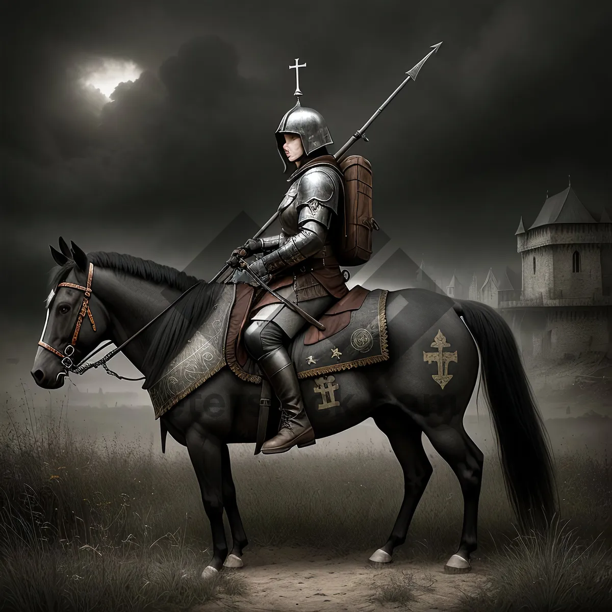 Picture of Equestrian Knight on Horseback with Shield and Armor