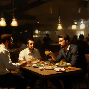 Happy couple enjoying dinner at a restaurant table.