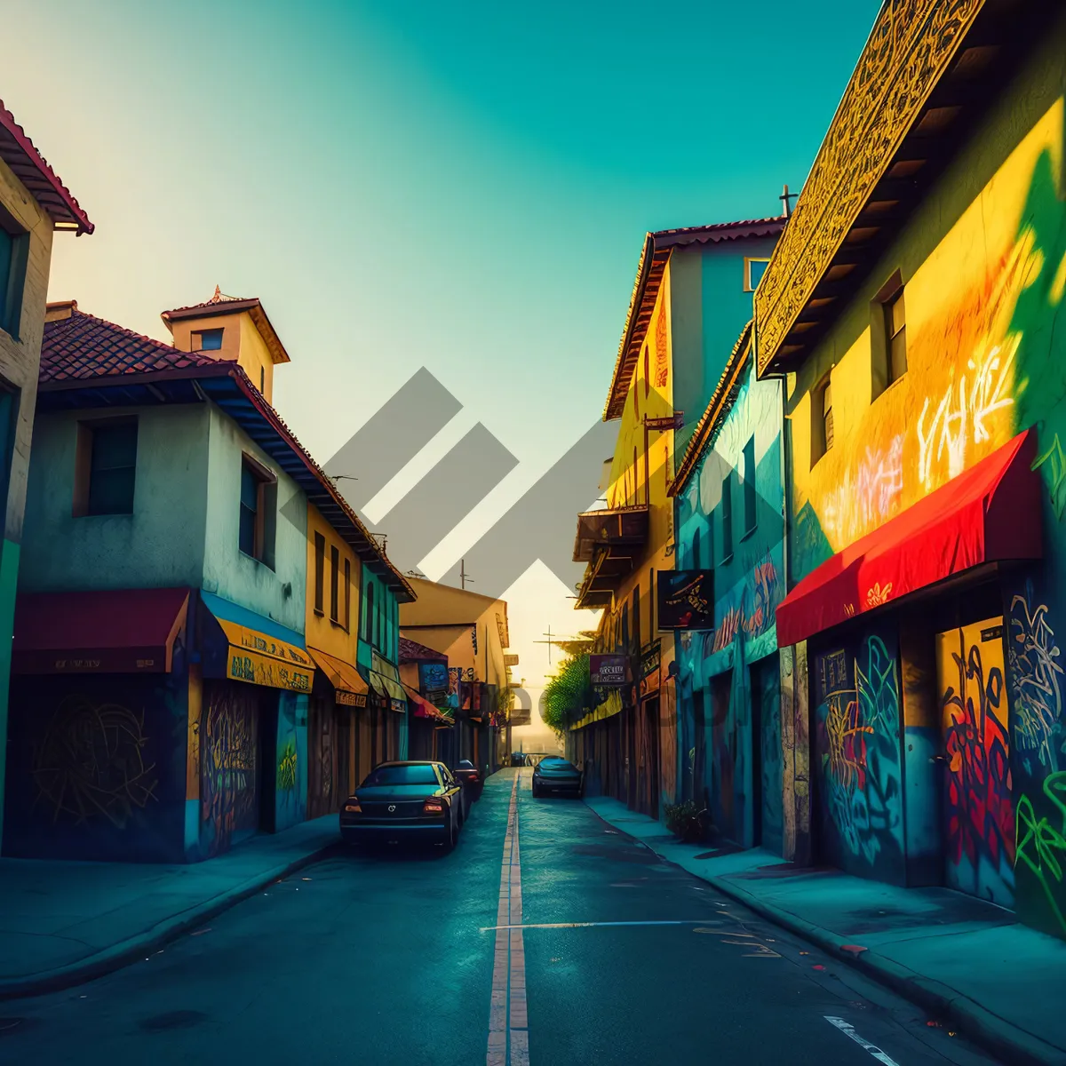 Picture of Old Town Street in Urban City with Architectural Buildings and Blue Sky