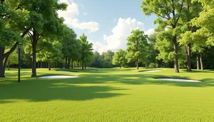 Sunny Golf Course Landscape with Mustard Fields