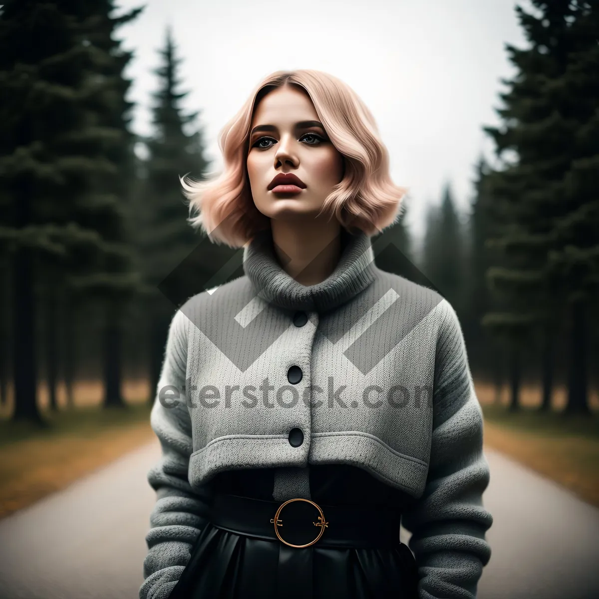 Picture of Attractive brunette lady with happy expression in stylish jacket