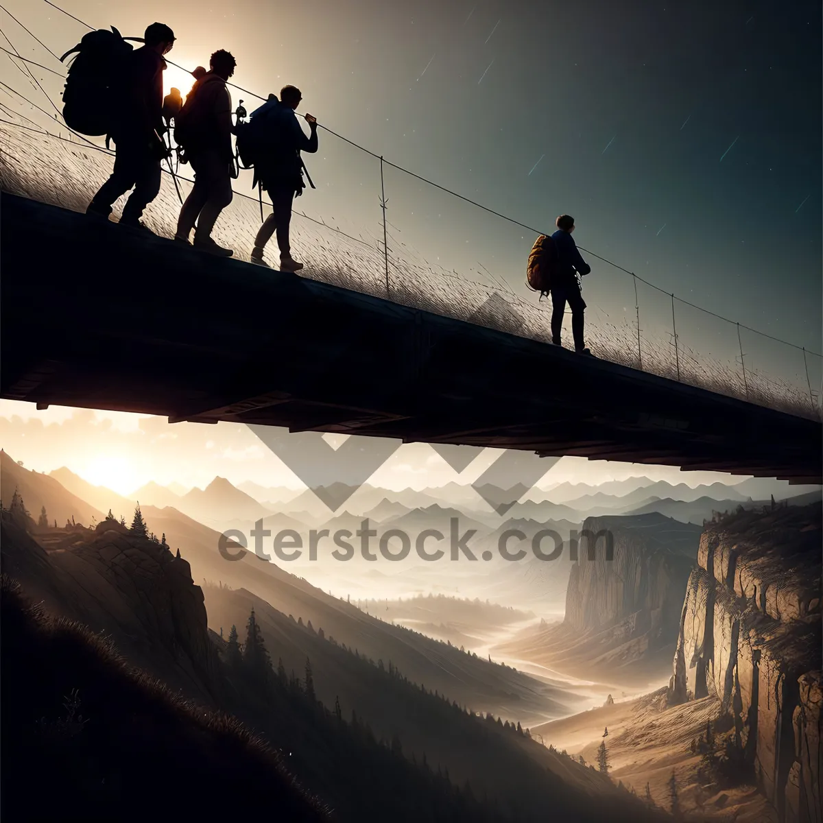 Picture of Sunset silhouette on beach bridge over water.