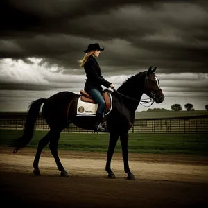 Equestrian Cowboy Riding Sidesaddle on Thoroughbred Stallion.