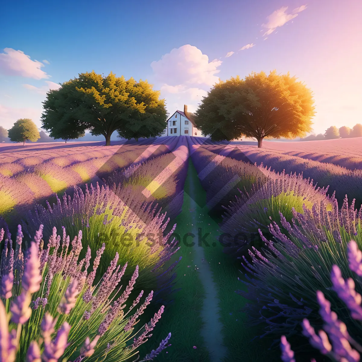 Picture of Serene Countryside Skyline with Blooming Lavender Fields