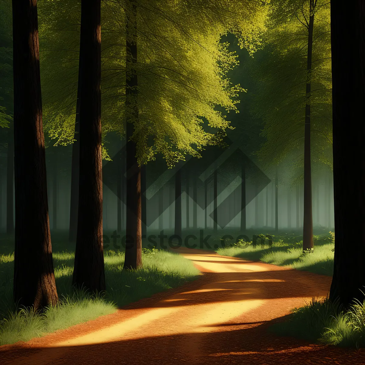 Picture of Enchanting Forest Pathway Bathed in Morning Sunlight.