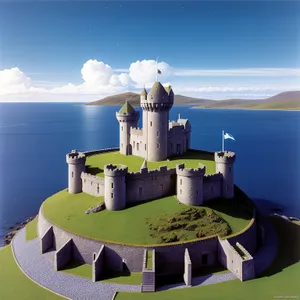 Majestic Coastal Fortress with Tower, Ship, and Lighthouse