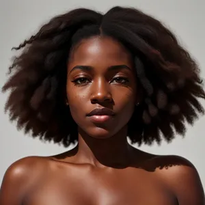 Stunning Afro-haired model exudes fashionable allure with flawless makeup