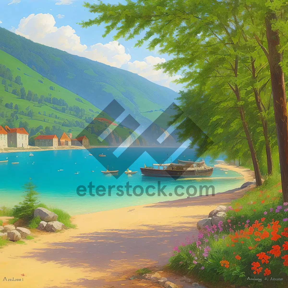 Picture of Serene Lakeside Landscape With Majestic Mountains