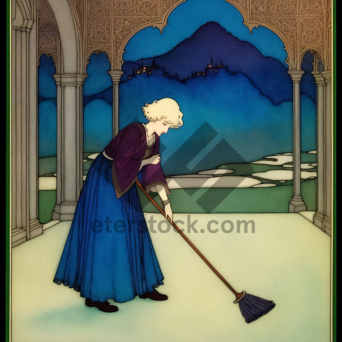 Picture of Neatly Dressed Man Sweeping with Broom