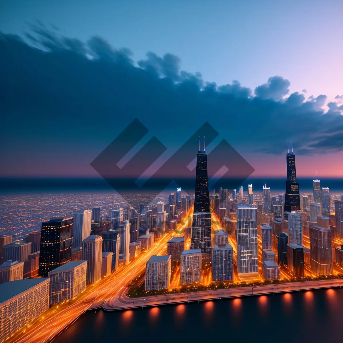 Picture of Cityscape Reflection on Urban Waterfront at Night