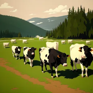 Rural Landscape with Grazing Cows in Meadow