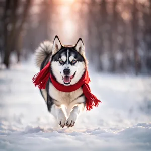 Happy people and dog enjoying snowy park outing.