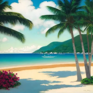 Tropical Beach Paradise with Blue Waters and Palm Trees.