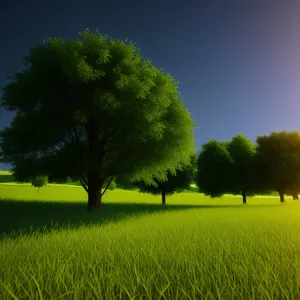 Idyllic Countryside Landscape with Oak Trees and Sunny Meadow
